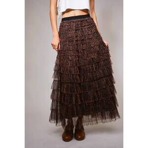 NEW BLUE B high waist elastic tiered ruffle maxi skirt in leopard